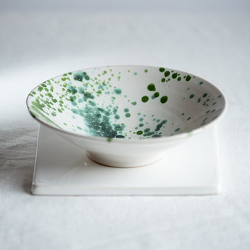 Open Cereal Bowl - Mixed Greens Splattered on White Glaze